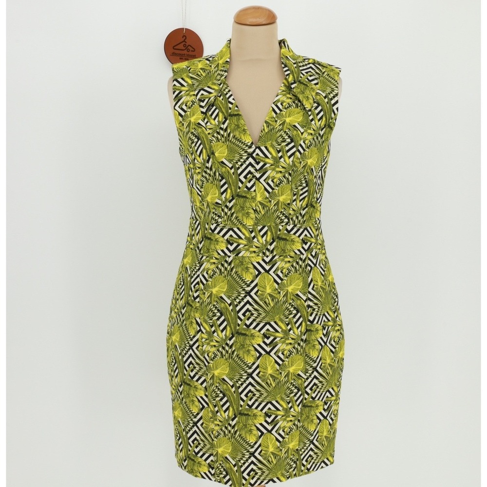 Karen Millen Tropical Palm Chevron Open Back Sheath Dress Green Black White 6